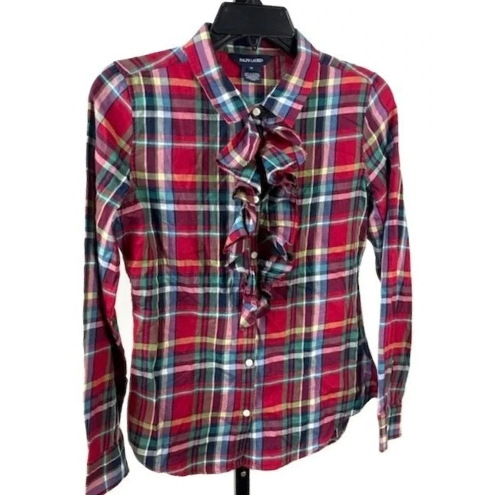 Ralph Lauren Girl's Plaid Blouse Size 16 Multicolor Ruffle Front Long Sleeve‎